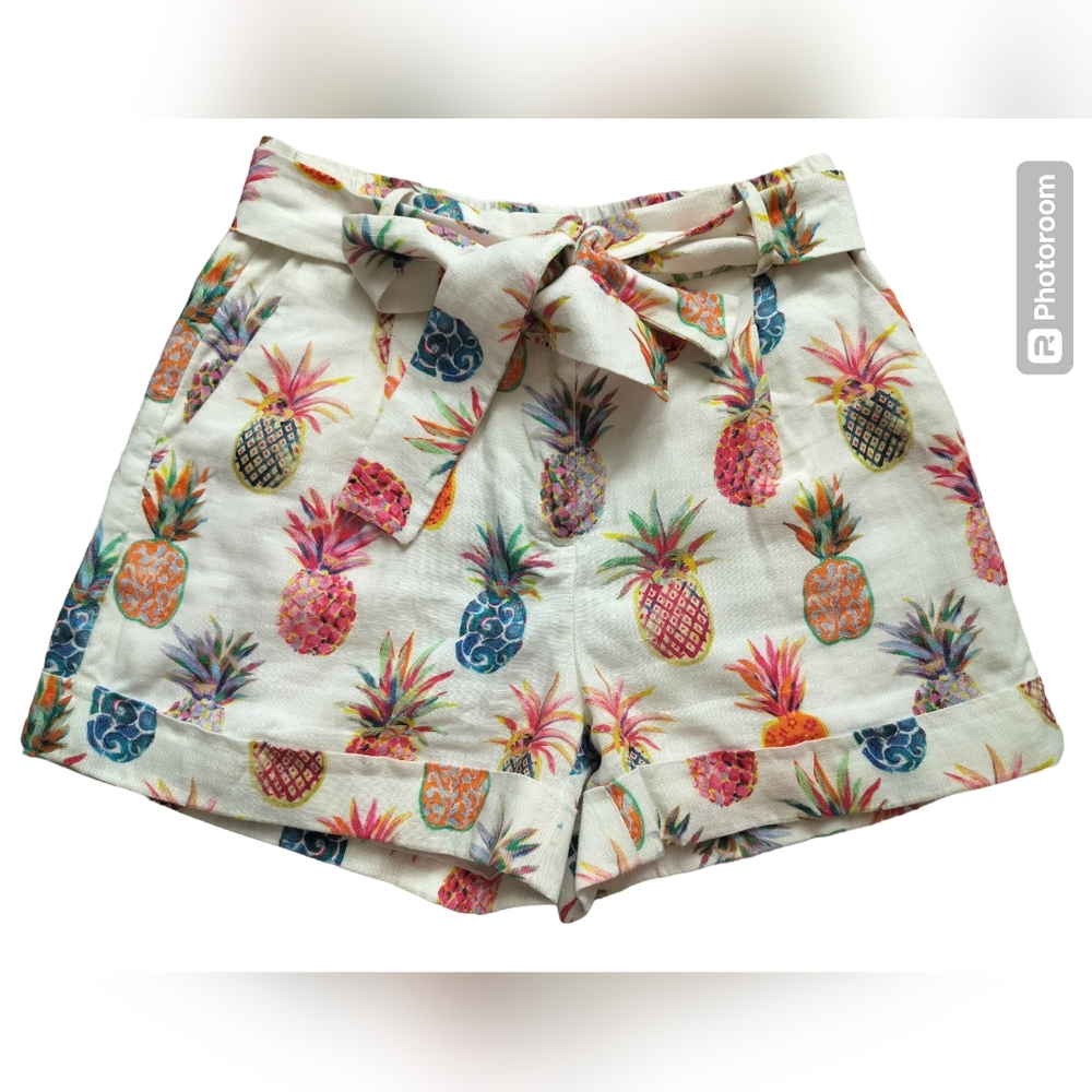 J. Crew women's Pineapple Print Paper Bag Belted Linen Casual Short Size 2 - Picture 1 of 15